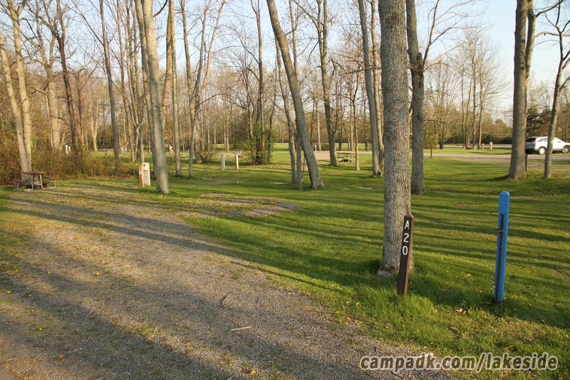 Campsite Photo of Site A20 at Lakeside State Park, New York - Looking at Site from Road Sign Visible