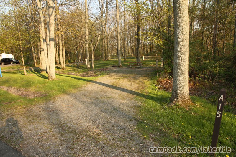 Campsite Photo of Site A15 at Lakeside State Park, New York - Looking at Site from Road Sign Visible
