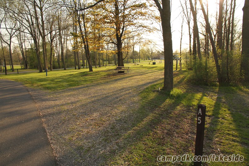 Campsite Photo of Site A5 at Lakeside State Park, New York - Looking at Site from Road Sign Visible