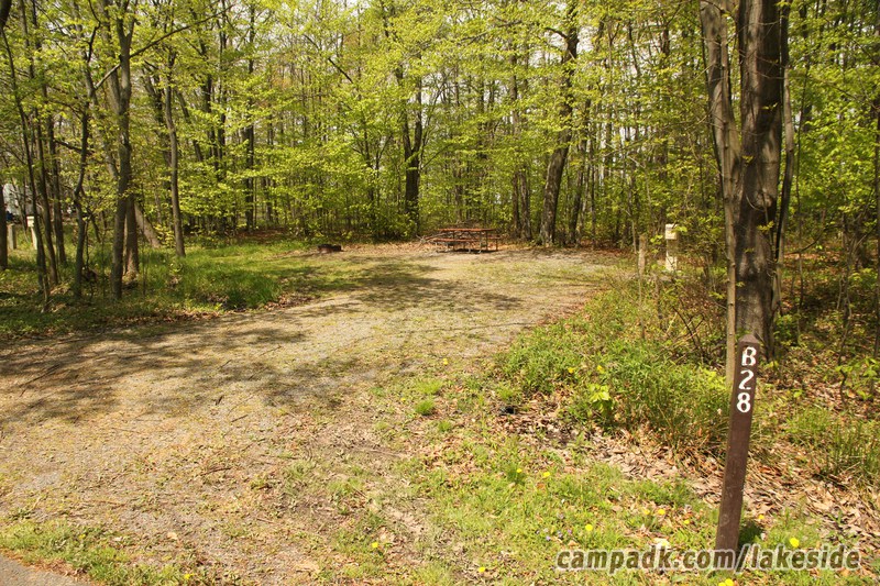Campsite Photo of Site B28 at Lakeside State Park, New York - Looking at Site from Road Sign Visible