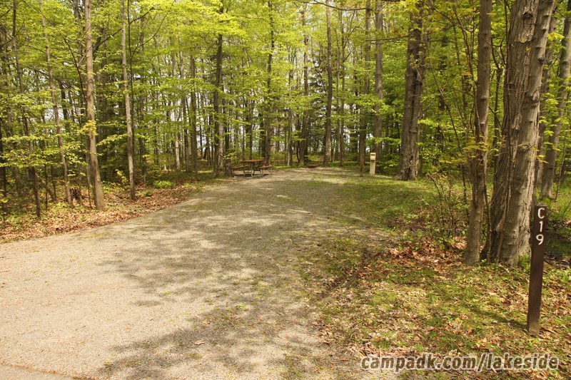 Campsite Photo of Site C19 at Lakeside State Park, New York - Looking at Site from Road Sign Visible