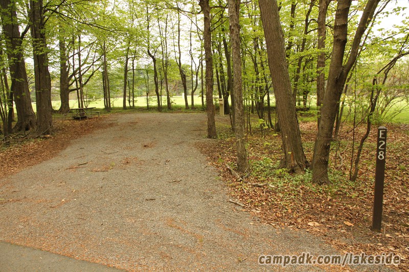 Campsite Photo of Site E28 at Lakeside State Park, New York - Looking at Site from Road Sign Visible