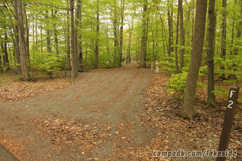 Campsite Photo of Site F2 at Lakeside State Park, New York - Looking at Site from Road Sign Visible