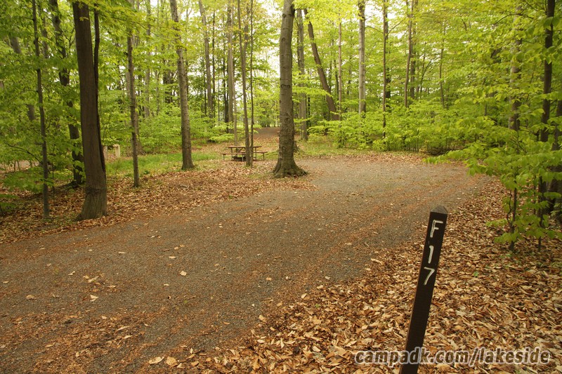 Campsite Photo of Site F17 at Lakeside State Park, New York - Looking at Site from Road Sign Visible