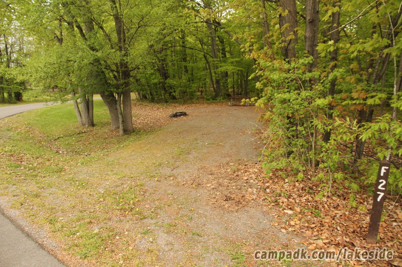 Campsite Photo of Site F27 at Lakeside State Park, New York - Looking at Site from Road Sign Visible
