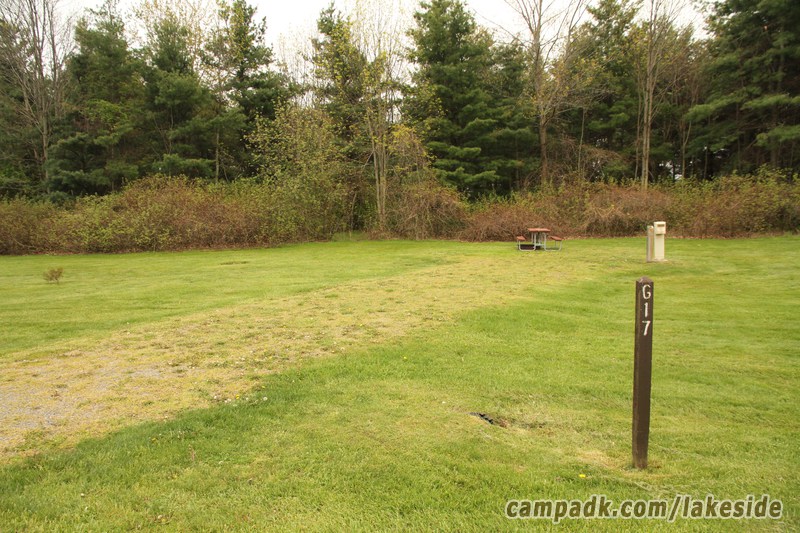 Campsite Photo of Site G17 at Lakeside State Park, New York - Looking at Site from Road Sign Visible