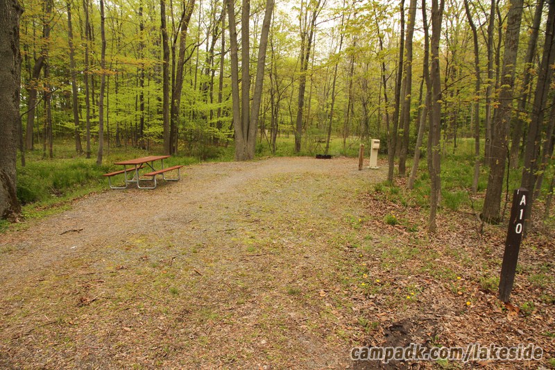 Campsite Photo of Site A10 at Lakeside State Park, New York - Looking at Site from Road Sign Visible