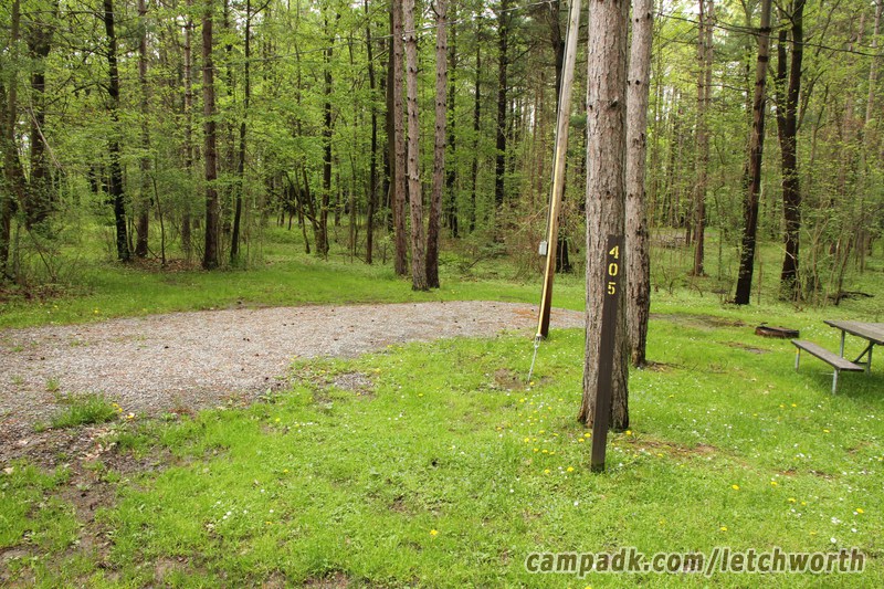 Campsite Photo of Site 405 at Letchworth State Park, New York - Looking at Site from Road Sign Visible