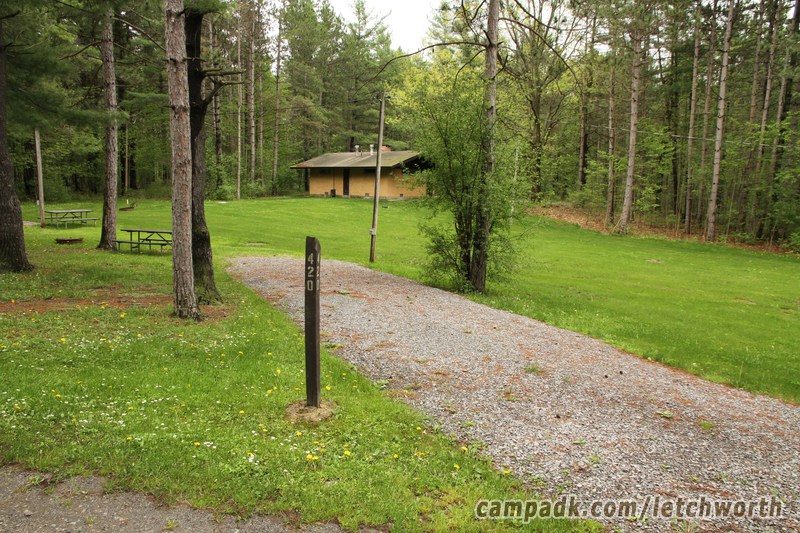 Campsite Photo of Site 420 at Letchworth State Park, New York - Looking at Site from Road Sign Visible