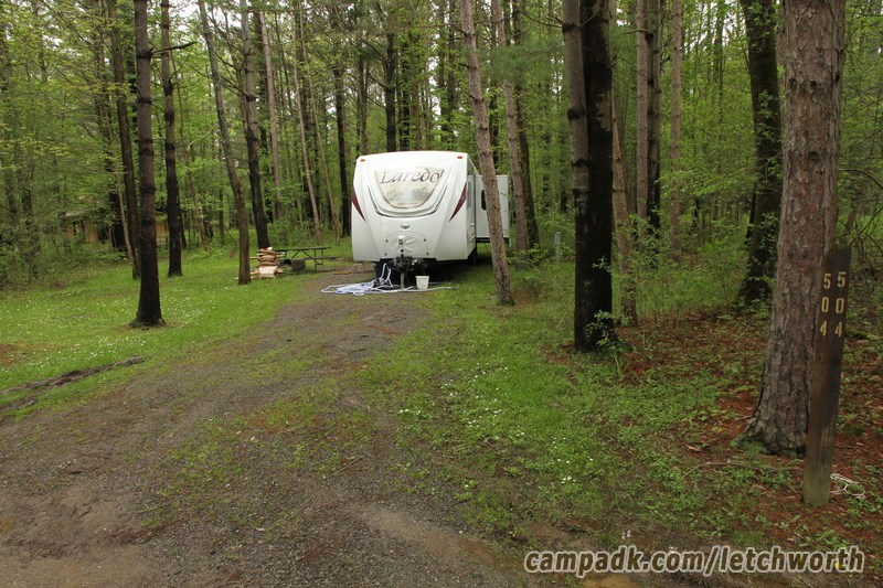 Campsite Photo of Site 504 at Letchworth State Park, New York - Looking at Site from Road Sign Visible