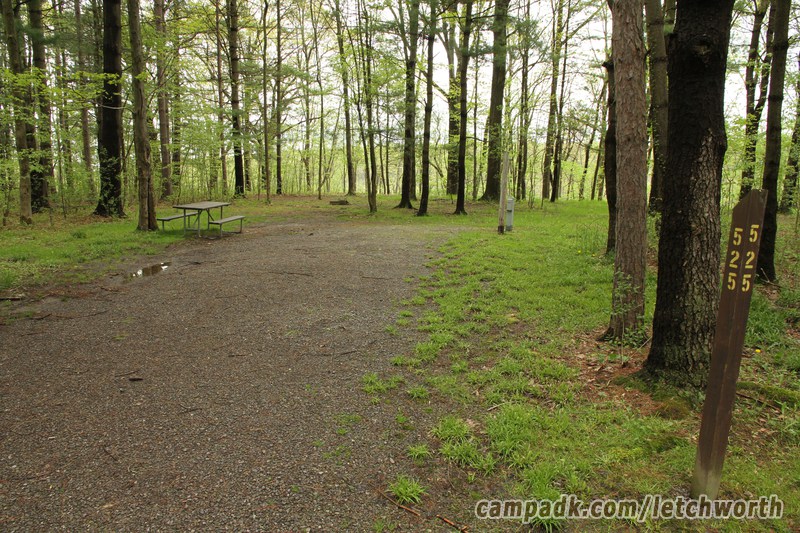 Campsite Photo of Site 525 at Letchworth State Park, New York - Looking at Site from Road Sign Visible