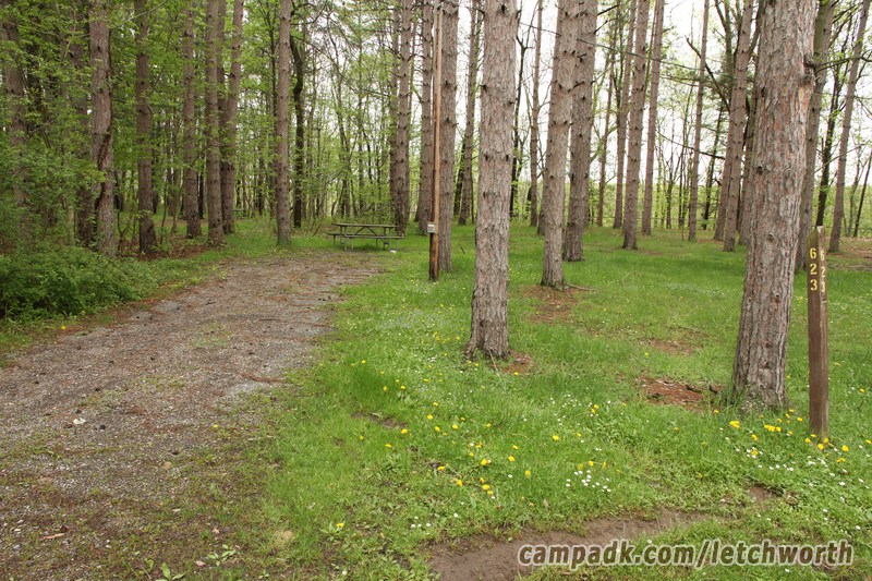 Campsite Photo of Site 623 at Letchworth State Park, New York - Looking at Site from Road Sign Visible
