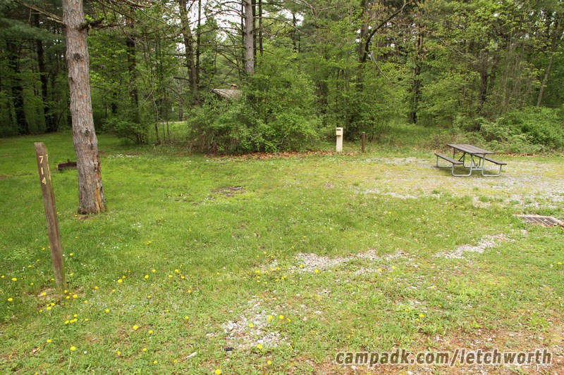 Campsite Photo of Site 714 at Letchworth State Park, New York - Looking at Site from Road Sign Visible