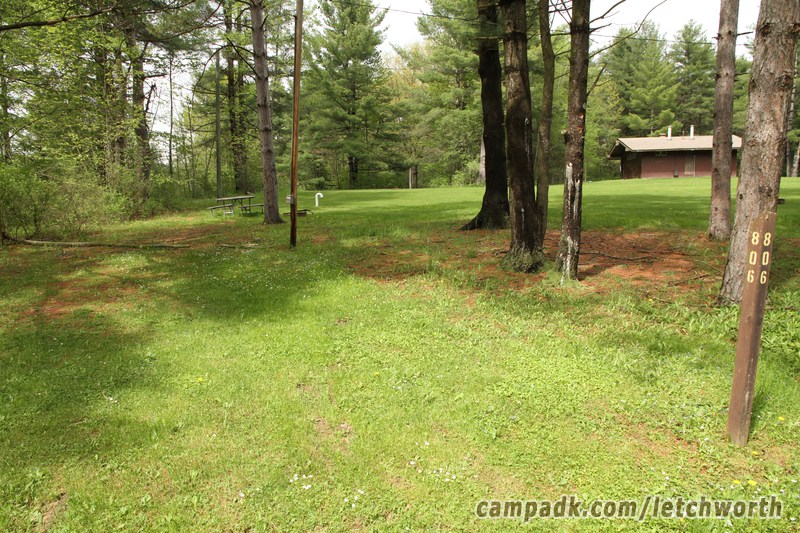 Campsite Photo of Site 806 at Letchworth State Park, New York - Looking at Site from Road Sign Visible