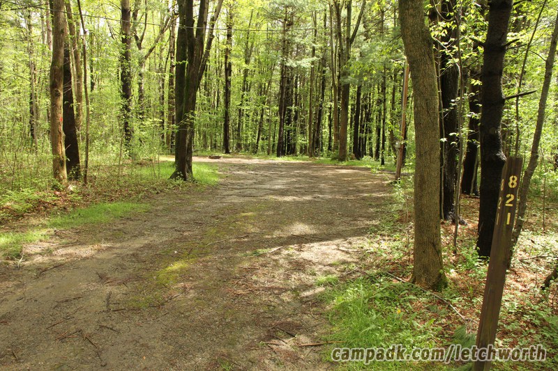 Campsite Photo of Site 821 at Letchworth State Park, New York - Looking at Site from Road Sign Visible