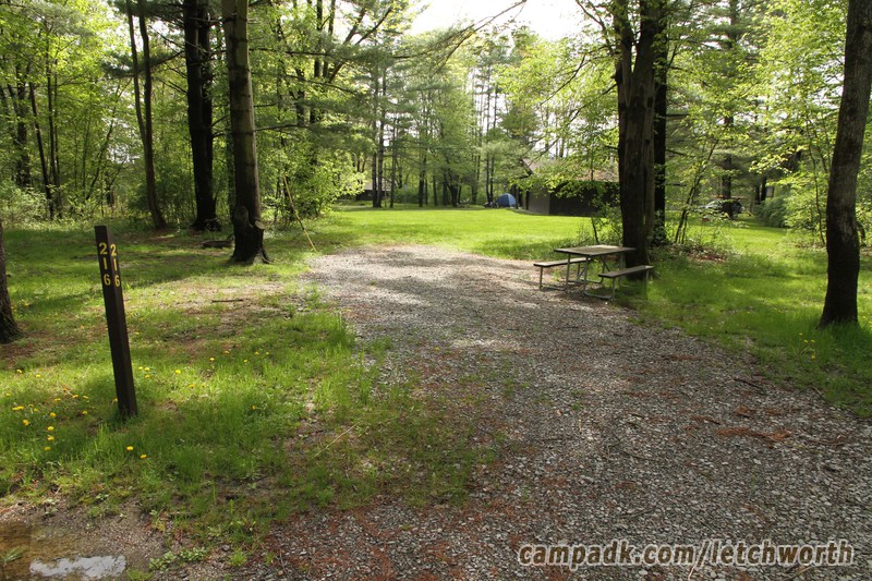 Campsite Photo of Site 216 at Letchworth State Park, New York - Looking at Site from Road Sign Visible
