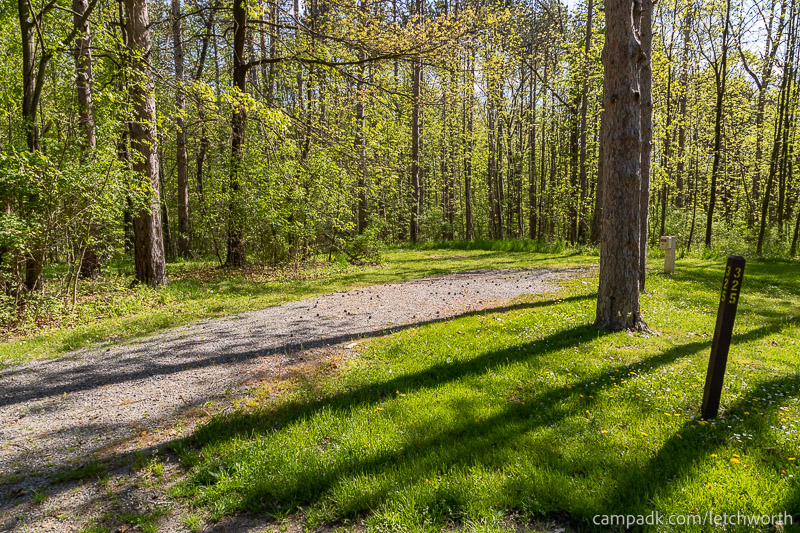 Campsite Photo of Site 325 at Letchworth State Park, New York - Looking at Site from Road Sign Visible