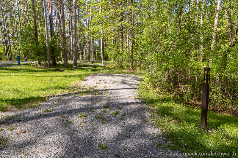 Campsite Photo of Site 614 at Letchworth State Park, New York - Looking at Site from Road Sign Visible