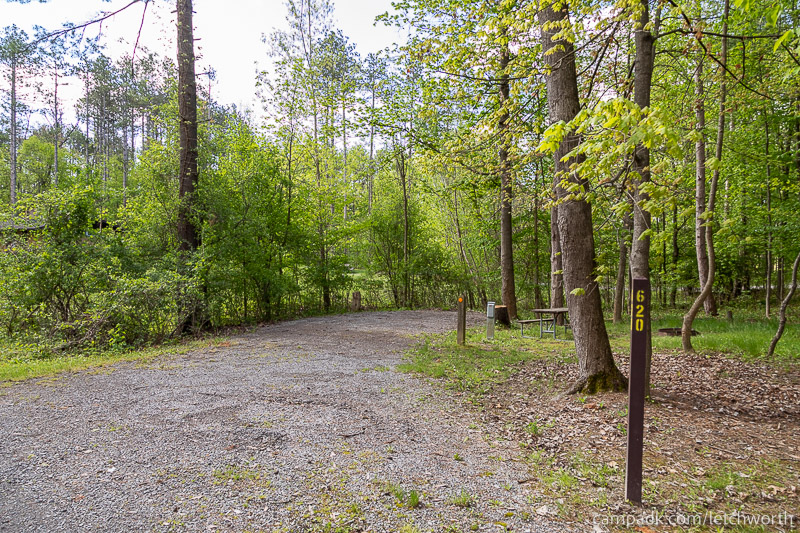 Campsite Photo of Site 620 at Letchworth State Park, New York - Looking at Site from Road Sign Visible