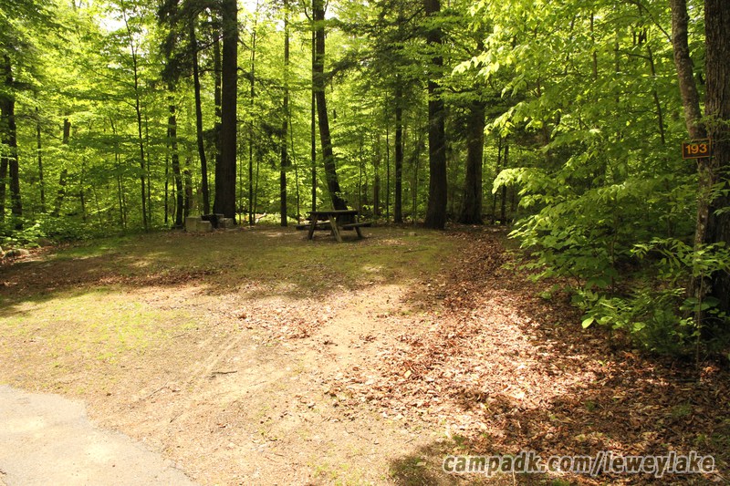 Campsite Photo of Site 193 at Lewey Lake Campground, New York - Looking at Site from Road Sign Visible