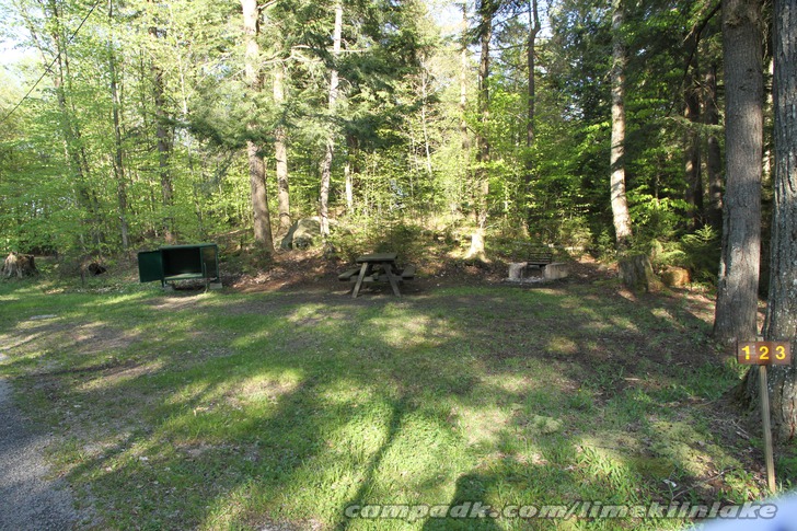Campsite Photo of Site 123 at Limekiln Lake Campground, New York - Looking at Site from Road Sign Visible