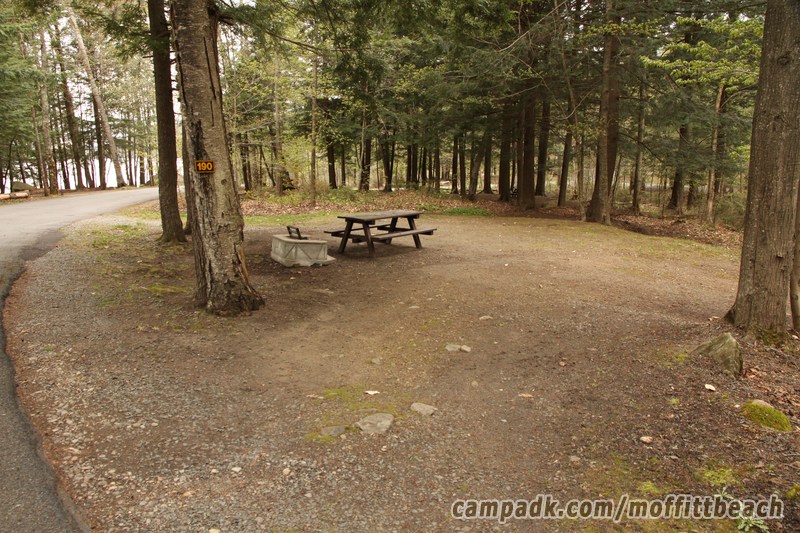 Campsite Photo of Site 190 at Moffitt Beach Campground, New York - Looking at Site from Road Sign Visible