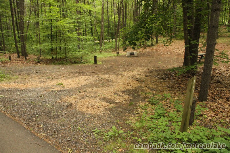 Campsite Photo of Site 143 at Moreau Lake State Park, New York - Looking at Site from Road Sign Visible