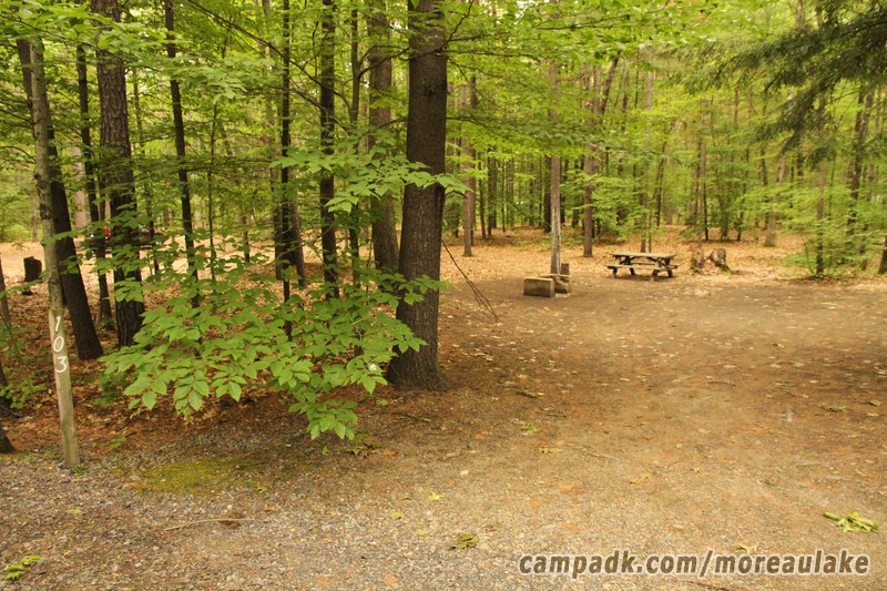 Campsite Photo of Site 103 at Moreau Lake State Park, New York - Looking at Site from Road Sign Visible