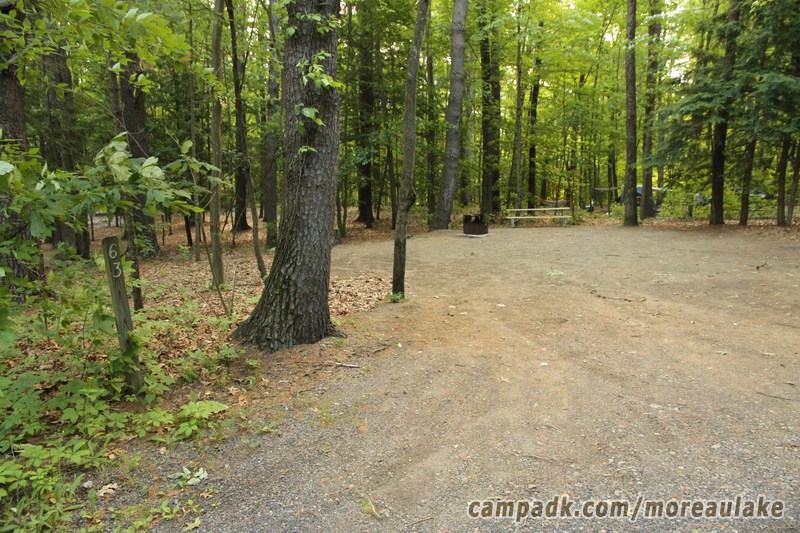 Campsite Photo of Site 63 at Moreau Lake State Park, New York - Looking at Site from Road Sign Visible