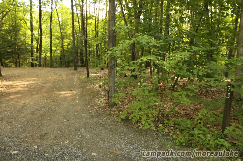 Campsite Photo of Site 73 at Moreau Lake State Park, New York - Looking at Site from Road Sign Visible