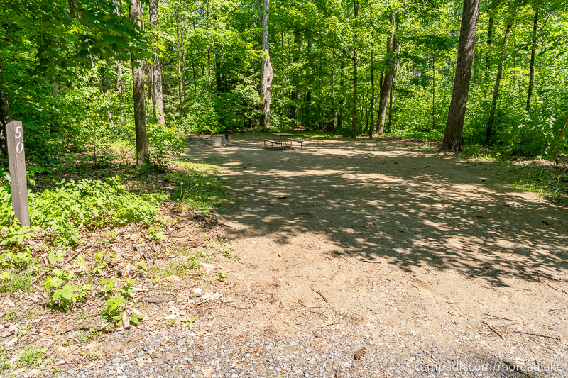 Campsite Photo of Site 50 at Moreau Lake State Park, New York - Looking at Site from Road Sign Visible