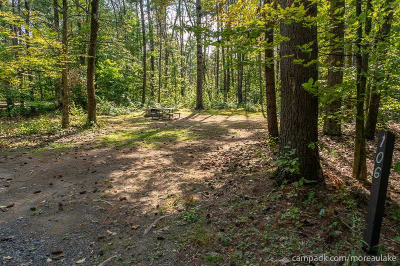 Campsite Photo of Site 106 at Moreau Lake State Park, New York - Looking at Site from Road Sign Visible