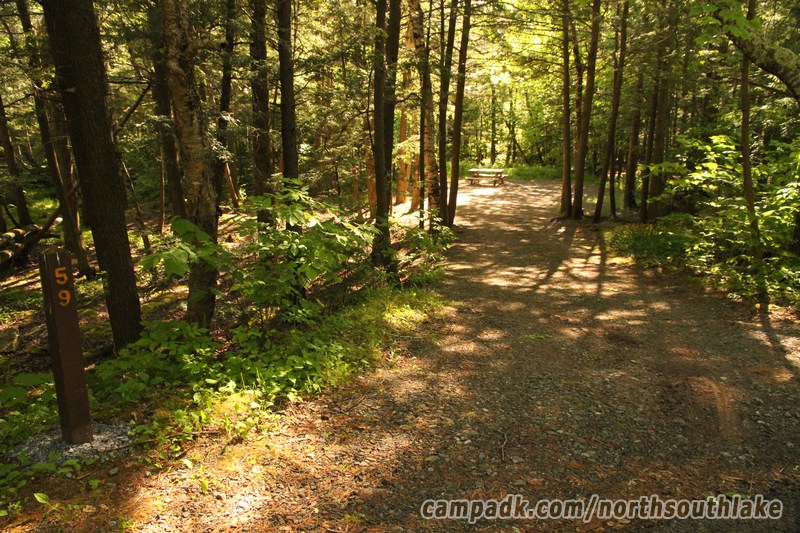 Campsite Photo of Site 59 at North South Lake Campground, New York - Looking at Site from Road Sign Visible