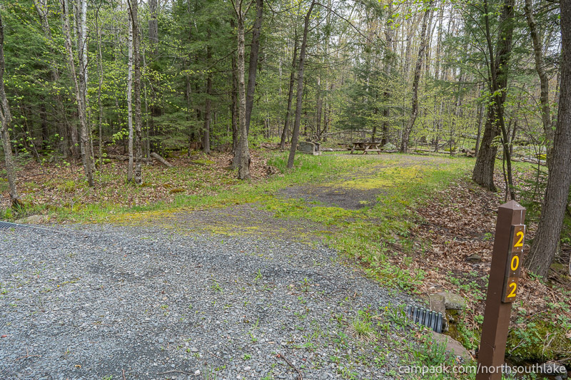 Campsite Photo of Site 202 at North South Lake Campground, New York - Looking at Site from Road Sign Visible