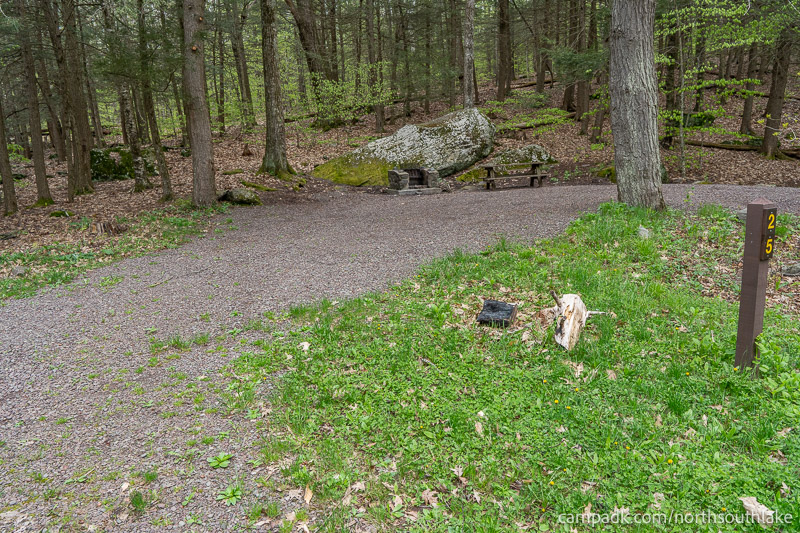Campsite Photo of Site 25 at North South Lake Campground, New York - Looking at Site from Road Sign Visible