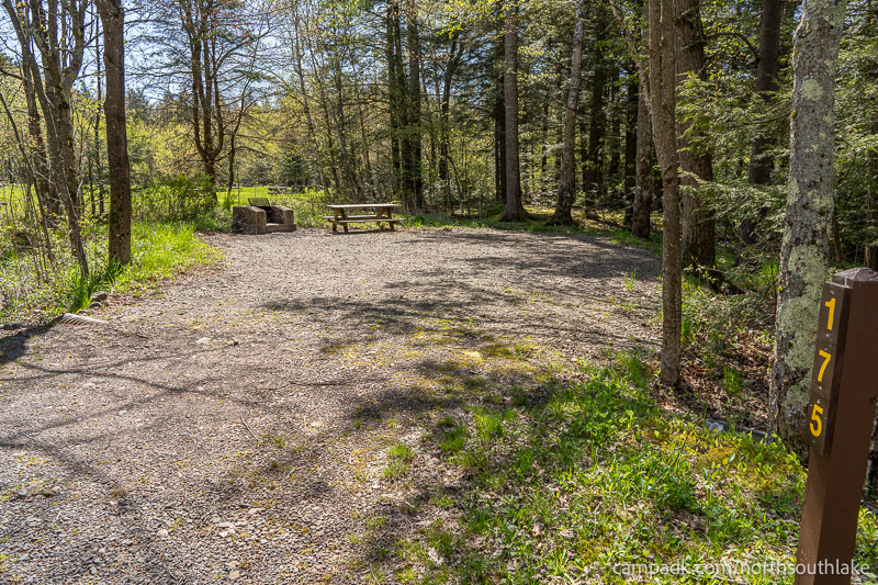 Campsite Photo of Site 175 at North South Lake Campground, New York - Looking at Site from Road Sign Visible