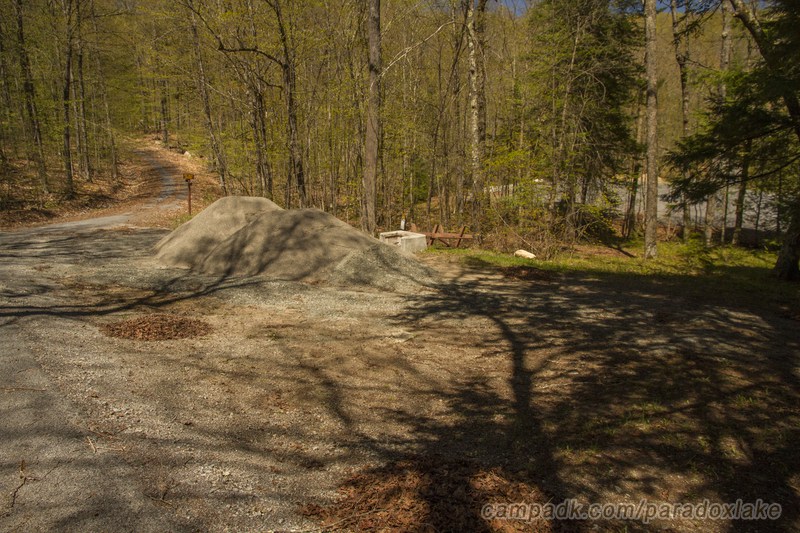 Campsite Photo of Site 35 at Paradox Lake Campground, New York - Looking at Site from Road Sign Visible