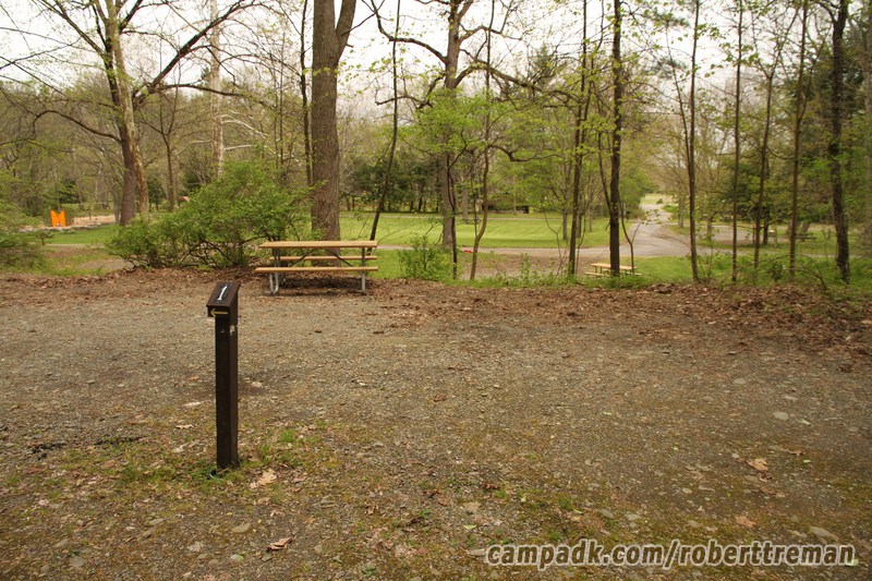 Campsite Photo of Site E1 at Robert H Treman State Park, New York - Looking at Site from Road Sign Visible