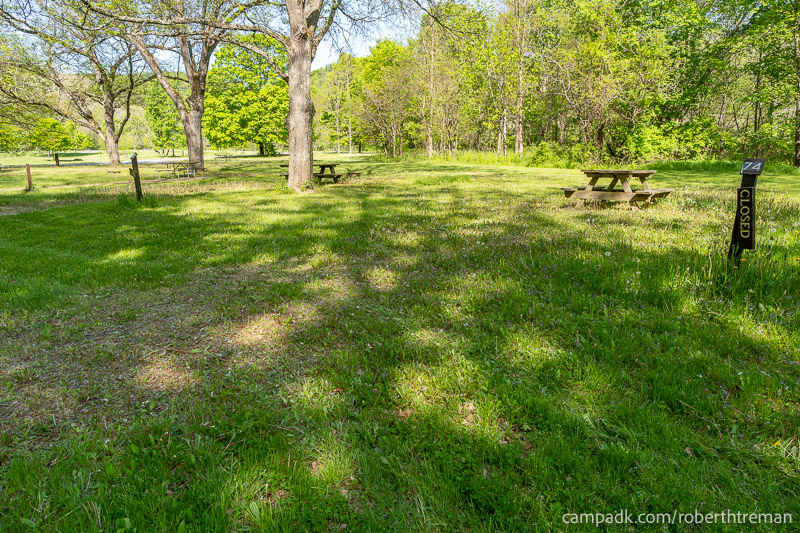 Campsite Photo of Site 74 at Robert H Treman State Park, New York - Looking at Site from Road Sign Visible