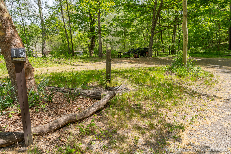 Campsite Photo of Site 15 at Robert H Treman State Park, New York - Looking at Site from Road Sign Visible