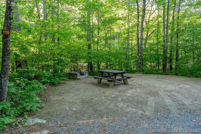 Campsite Photo of Site 119 at Sacandaga Campground, New York - Looking at Site from Road Sign Visible