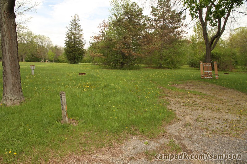 Campsite Photo of Site 117 at Sampson State Park, New York - Looking at Site from Road Sign Visible