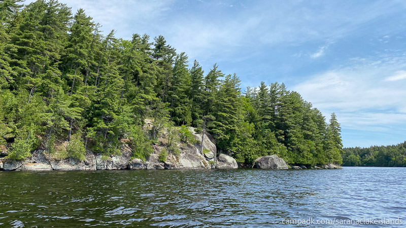 Campsite Photo of Site 1 at Saranac Lake Islands Campground, New York - View From Water on Approach