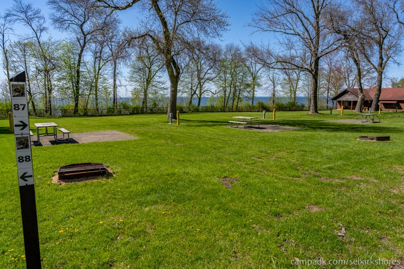 Campsite Photo of Site 87 at Selkirk Shores State Park, New York - Looking at Site from Road Sign Visible