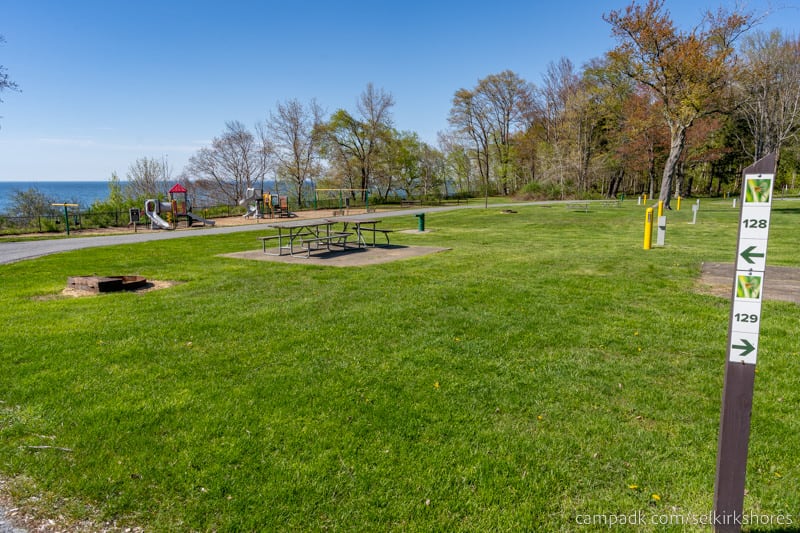 Campsite Photo of Site 128 at Selkirk Shores State Park, New York - Looking at Site from Road Sign Visible