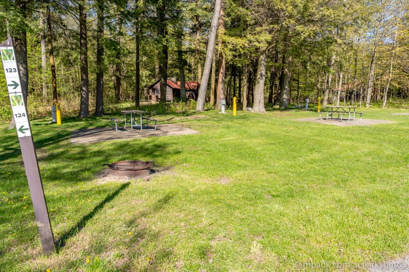 Campsite Photo of Site 123 at Selkirk Shores State Park, New York - Looking at Site from Road Sign Visible