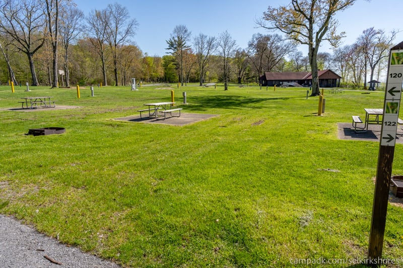 Campsite Photo of Site 120 at Selkirk Shores State Park, New York - Looking at Site from Road Sign Visible