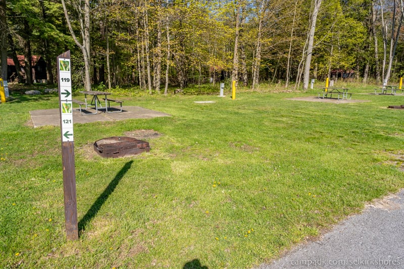 Campsite Photo of Site 119 at Selkirk Shores State Park, New York - Looking at Site from Road Sign Visible