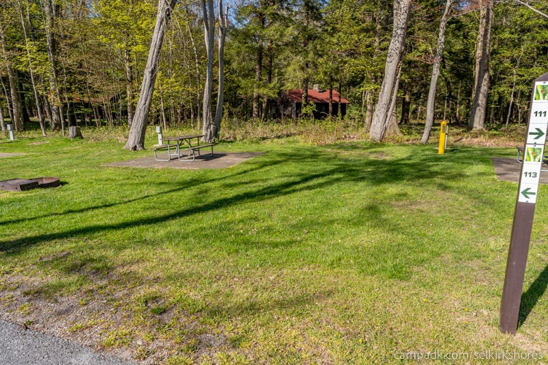 Campsite Photo of Site 113 at Selkirk Shores State Park, New York - Looking at Site from Road Sign Visible