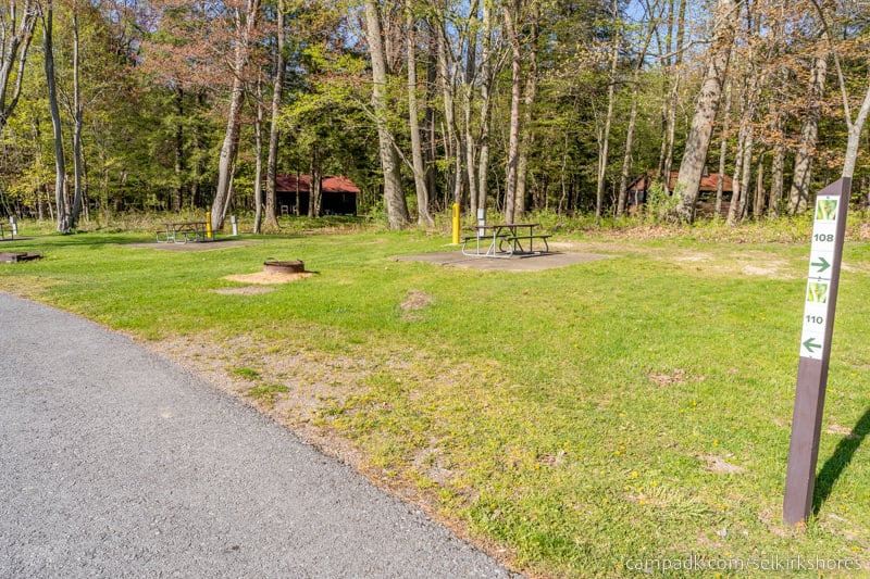 Campsite Photo of Site 110 at Selkirk Shores State Park, New York - Looking at Site from Road Sign Visible
